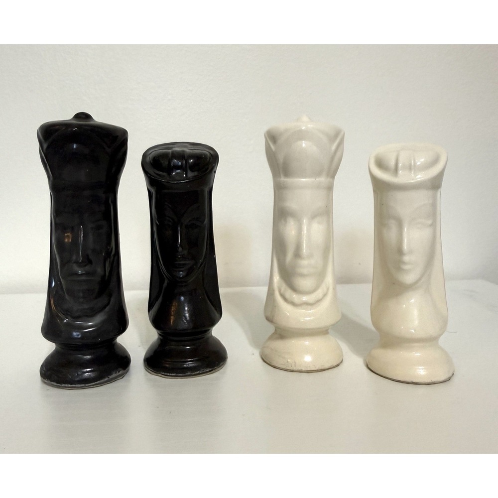 Vintage Duncan Style Ceramic Chess Pieces Black White Kings Queens Royalty MCM